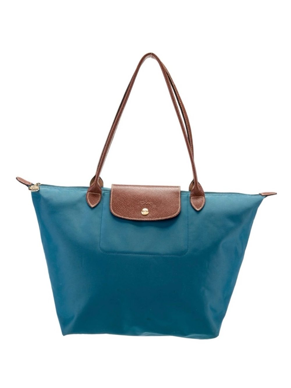 Longchamp Teal Tote with Brown Leather Trim